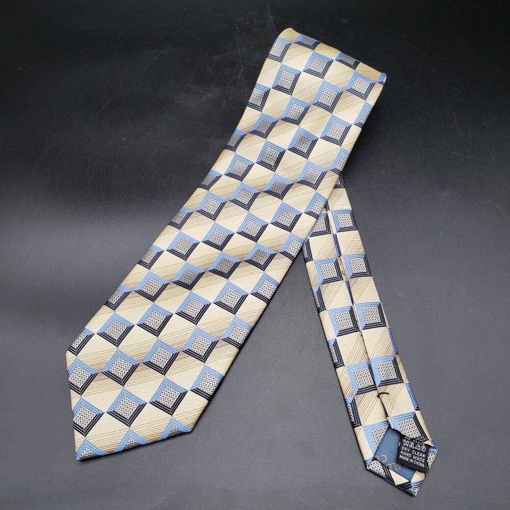 Alexander Julian Colours Geometric Polyester Tie Blue Tan Check Pattern 58"x4"